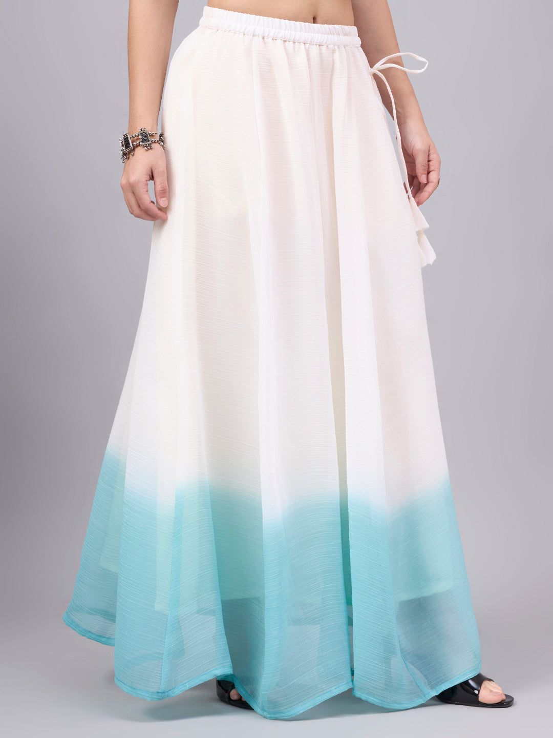 Sky Blue Ombre Crunchy Silk Flared Maxi Skirt