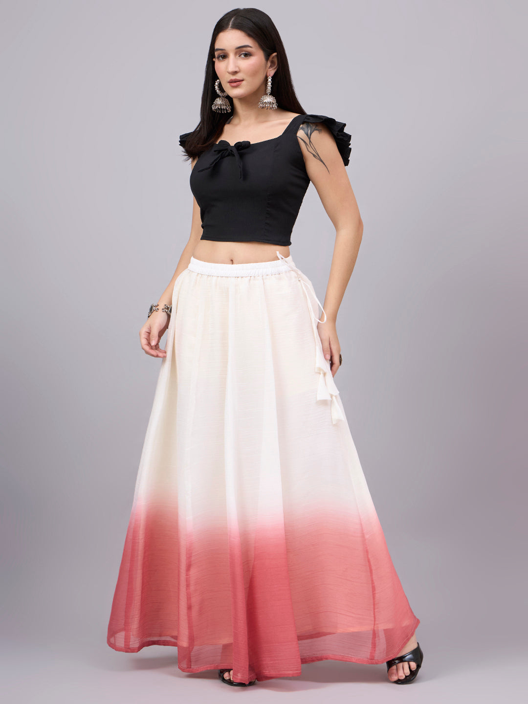 Peach Ombre Crunchy Silk Flared Maxi Skirt