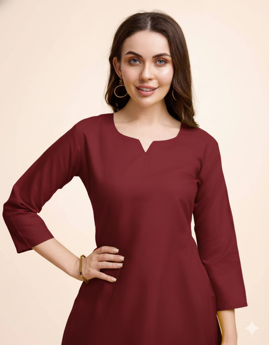 Women Maroon Cotton Kurta Pant Set | Round V-Neck | Straight Fit | Casual Ethnic Wear