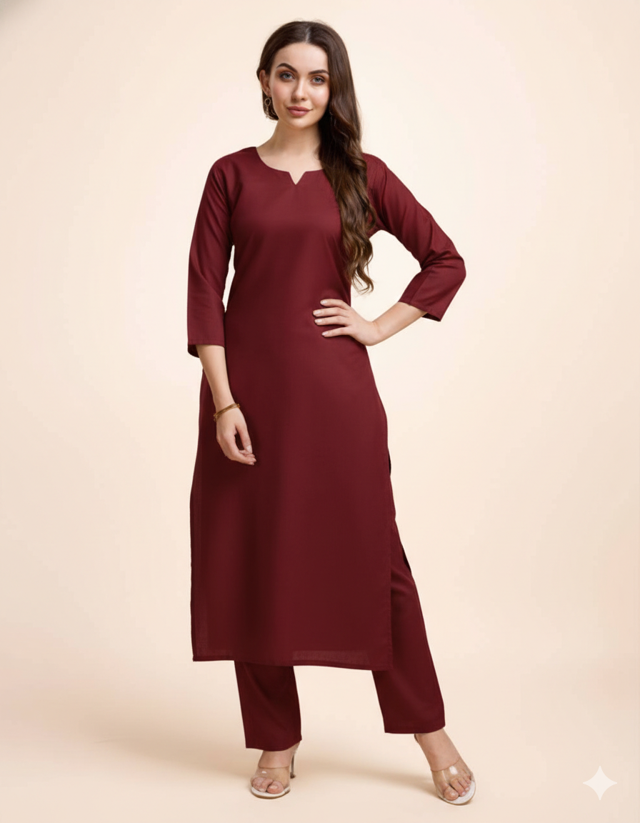 Women Maroon Cotton Kurta Pant Set | Round V-Neck | Straight Fit | Casual Ethnic Wear