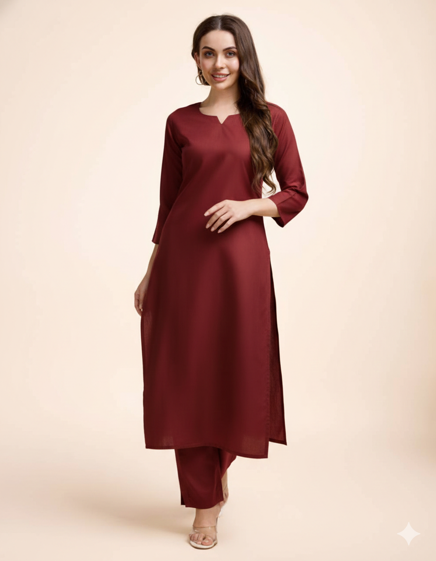Women Maroon Cotton Kurta Pant Set | Round V-Neck | Straight Fit | Casual Ethnic Wear