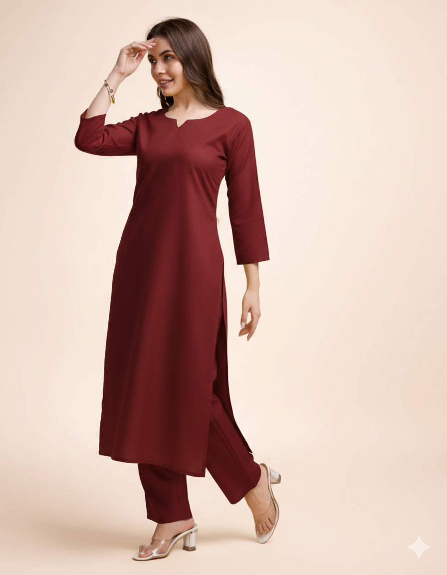Women Maroon Cotton Kurta Pant Set | Round V-Neck | Straight Fit | Casual Ethnic Wear