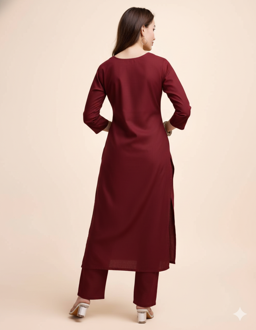 Women Maroon Cotton Kurta Pant Set | Round V-Neck | Straight Fit | Casual Ethnic Wear