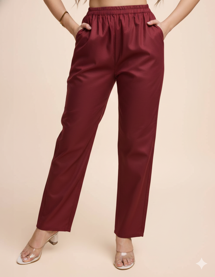 Women Maroon Cotton Kurta Pant Set | Round V-Neck | Straight Fit | Casual Ethnic Wear