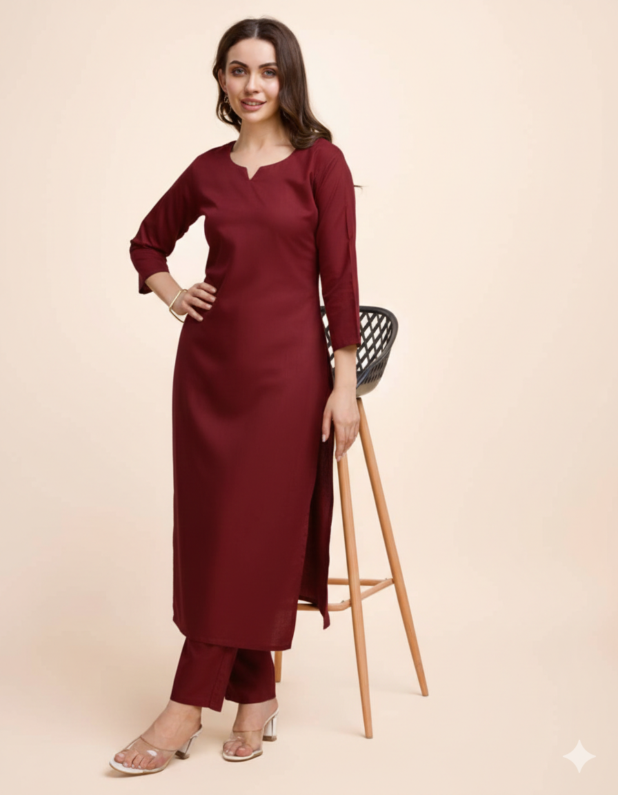 Women Maroon Cotton Kurta Pant Set | Round V-Neck | Straight Fit | Casual Ethnic Wear