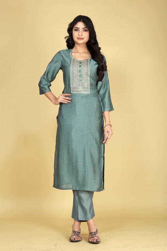 Women Sea Green Viscose Silk Blend Embroidered Kurta Pant Set | Sequins & Zari Work Yoke | Festive Wear