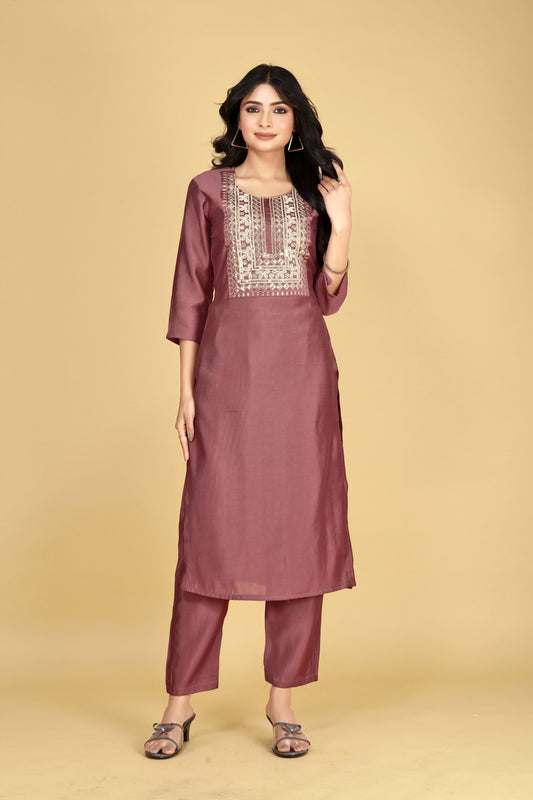 Women Mauve Viscose Silk Blend Embroidered Kurta Pant Set | Sequins & Dori Work Yoke | Festive Wear