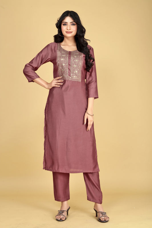 Women Mauve Viscose Silk Blend Embroidered Kurta Pant Set | Sequins & Zari Work Yoke | Festive Wear