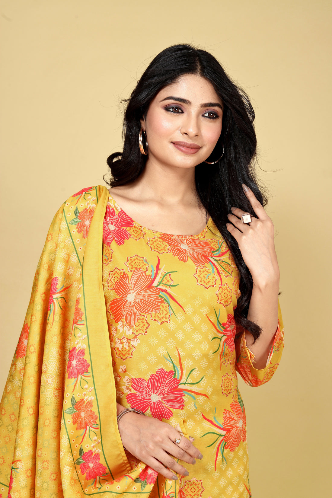 Women Yellow Poly Muslin Silk Printed Kurta Pant Dupatta Set | Digital Print | Festive Wear