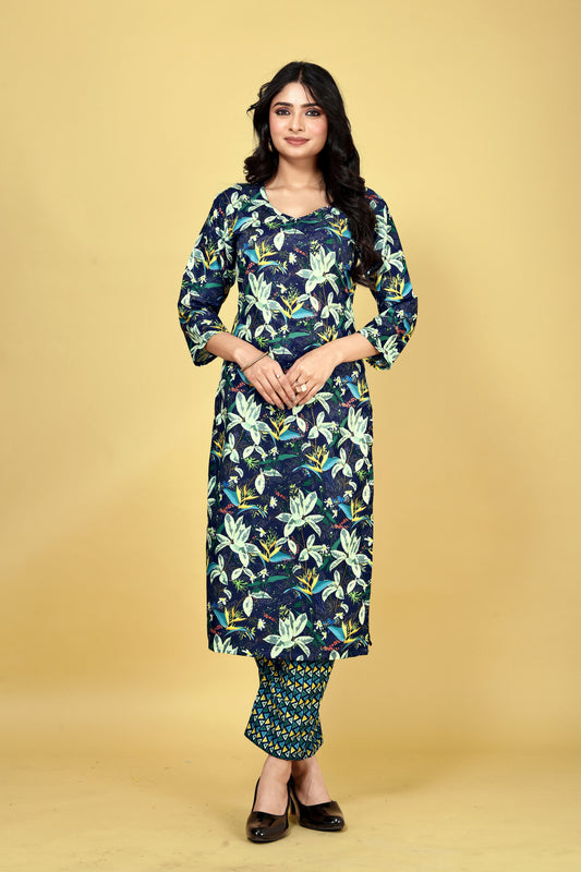 Women Navy Blue Poly Rayon Silk Printed Kurta Pant Set | Digital Print | Casual Ethnic Wear
