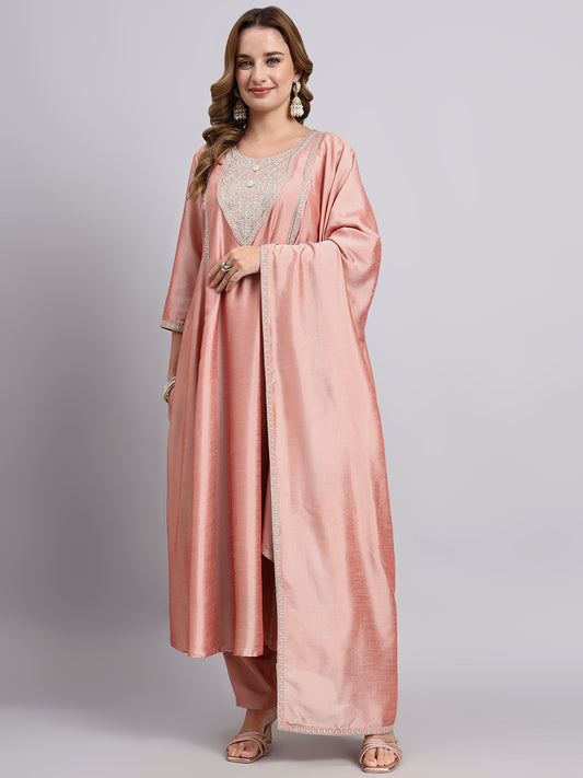 JDS LifeStyle Onion Pink Art Silk Kurta Pant Set with Dupatta - Embroidered Festive Suit