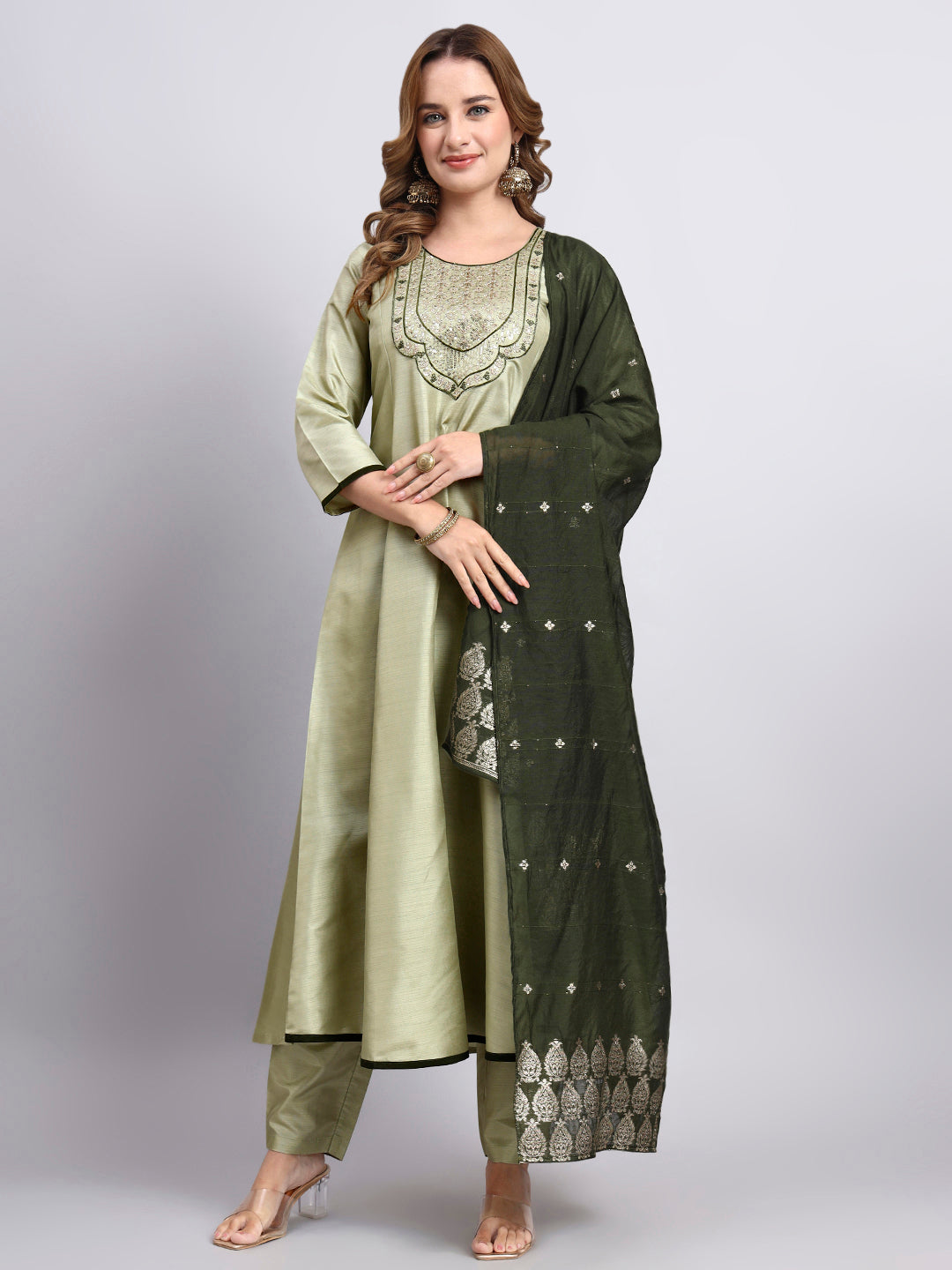 JDS LifeStyle Embroidered Silk Anarkali Set in Pista Green - Festive Party Wear