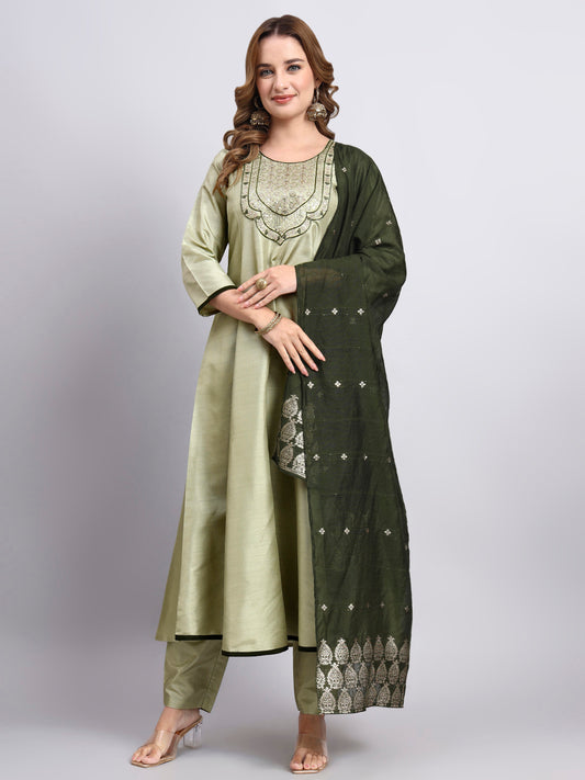 JDS LifeStyle Embroidered Silk Anarkali Set in Pista Green - Festive Party Wear