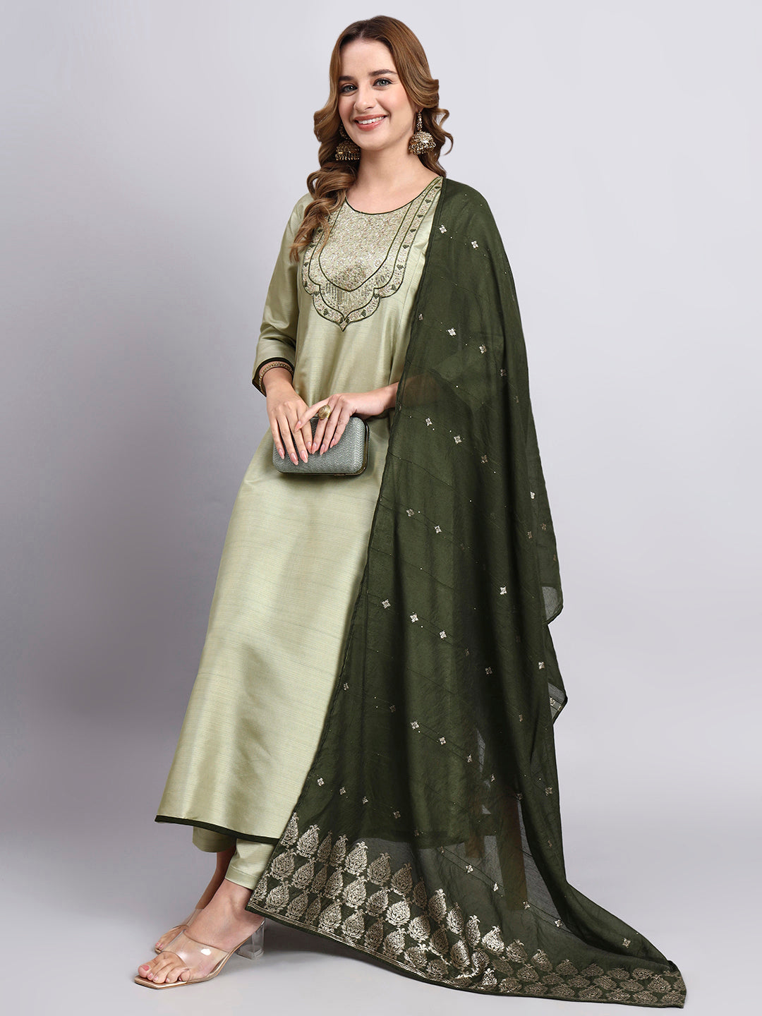 JDS LifeStyle Embroidered Silk Anarkali Set in Pista Green - Festive Party Wear
