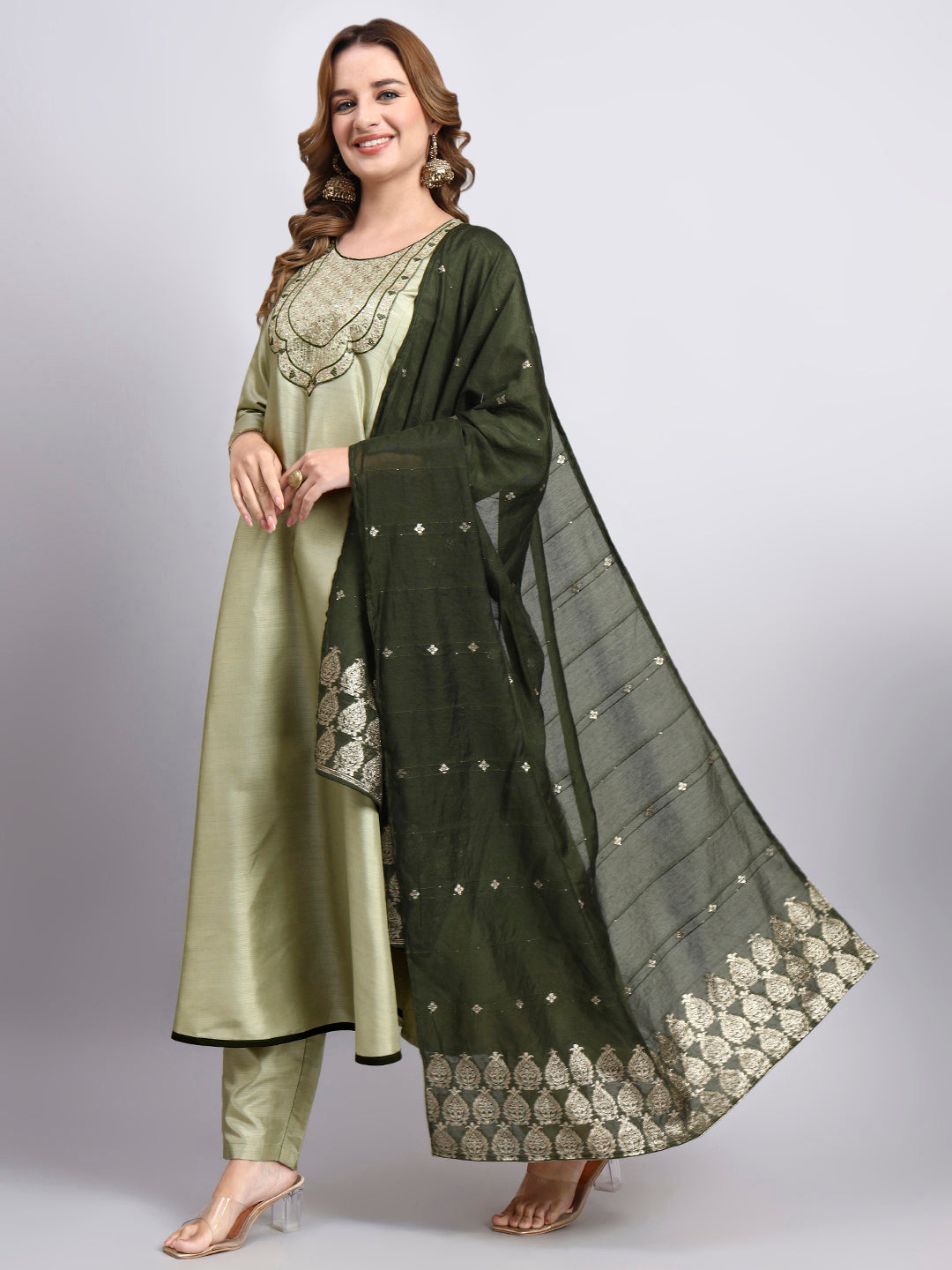 JDS LifeStyle Embroidered Silk Anarkali Set in Pista Green - Festive Party Wear