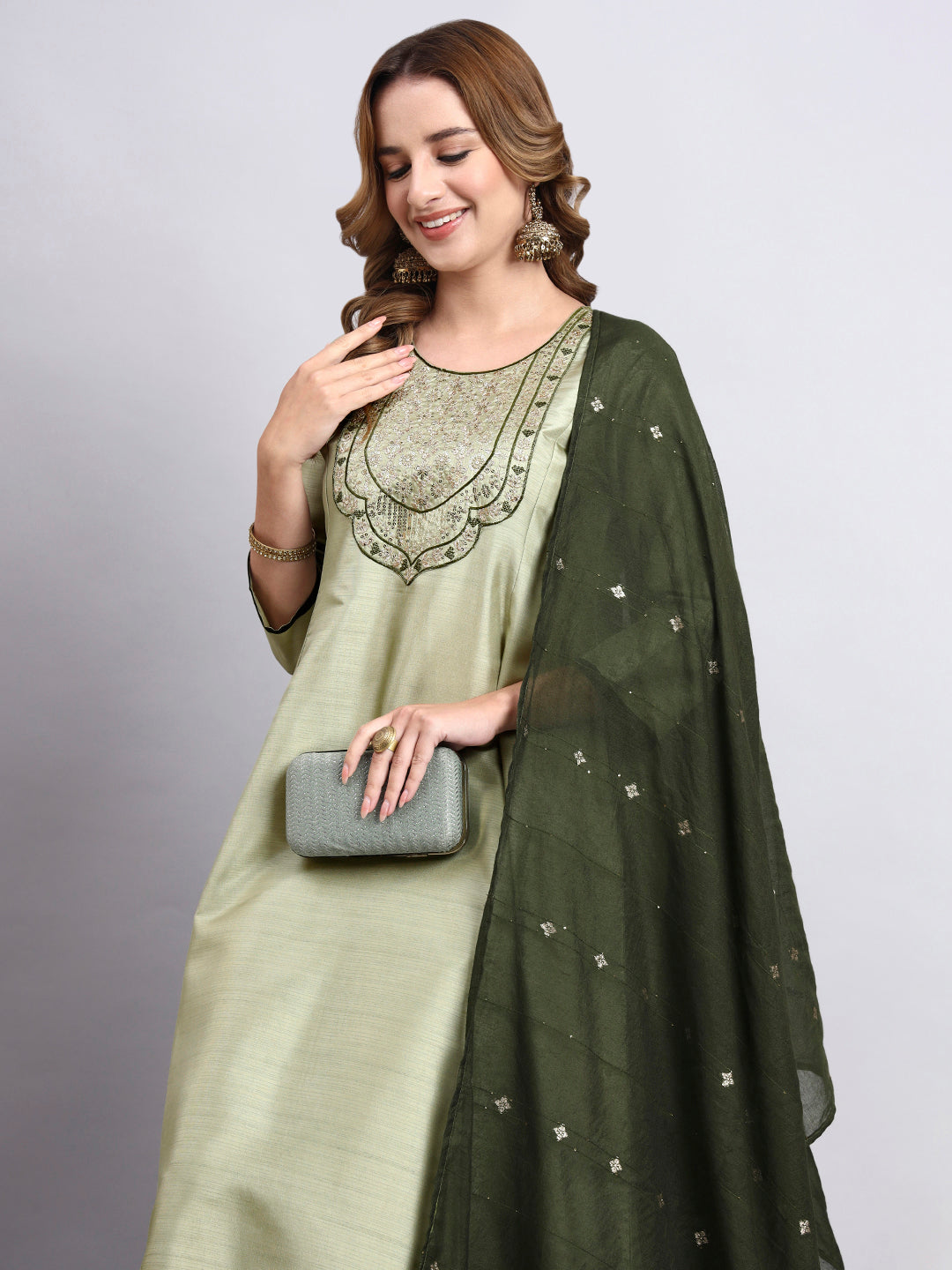 JDS LifeStyle Embroidered Silk Anarkali Set in Pista Green - Festive Party Wear