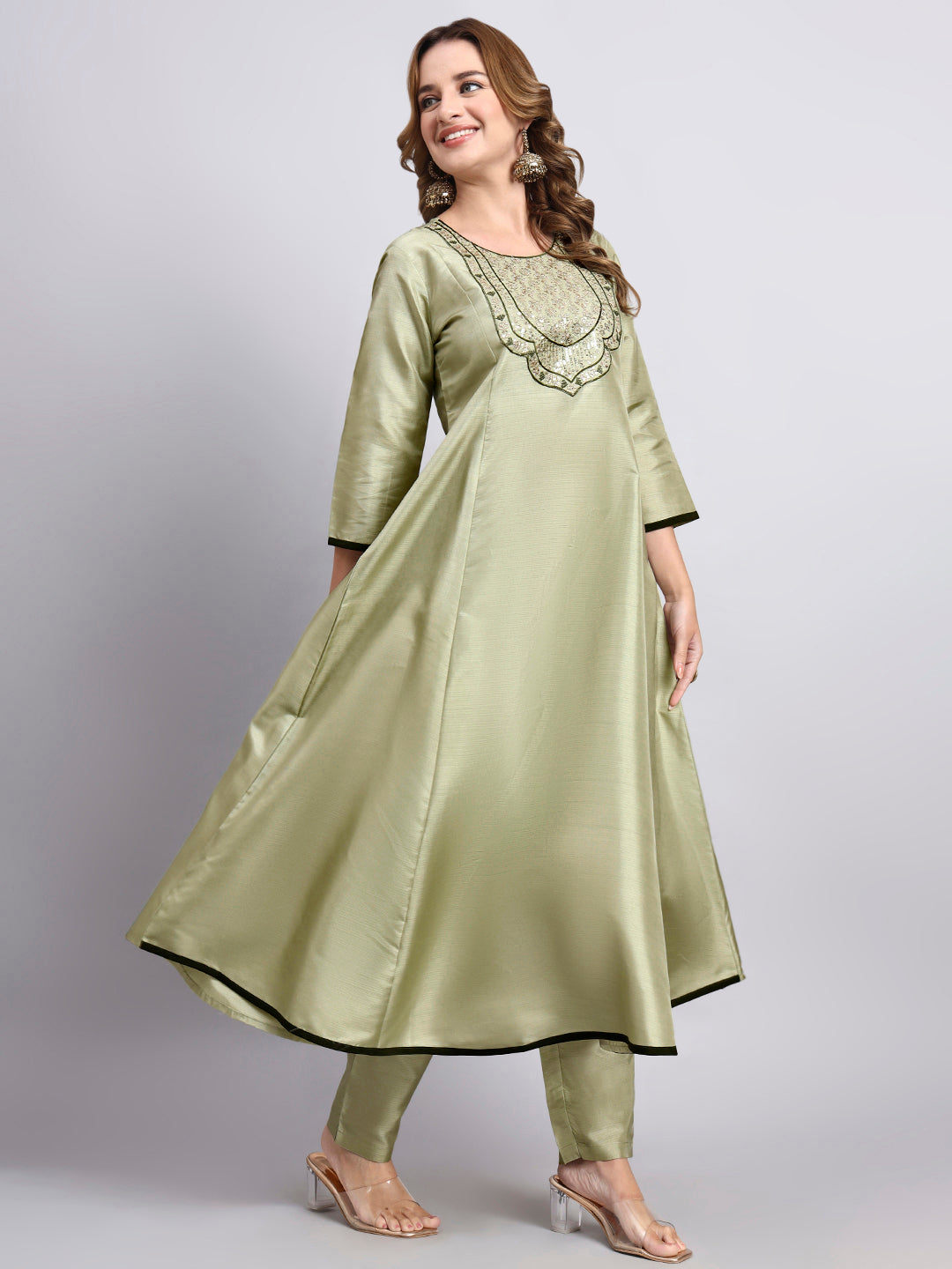 JDS LifeStyle Embroidered Silk Anarkali Set in Pista Green - Festive Party Wear