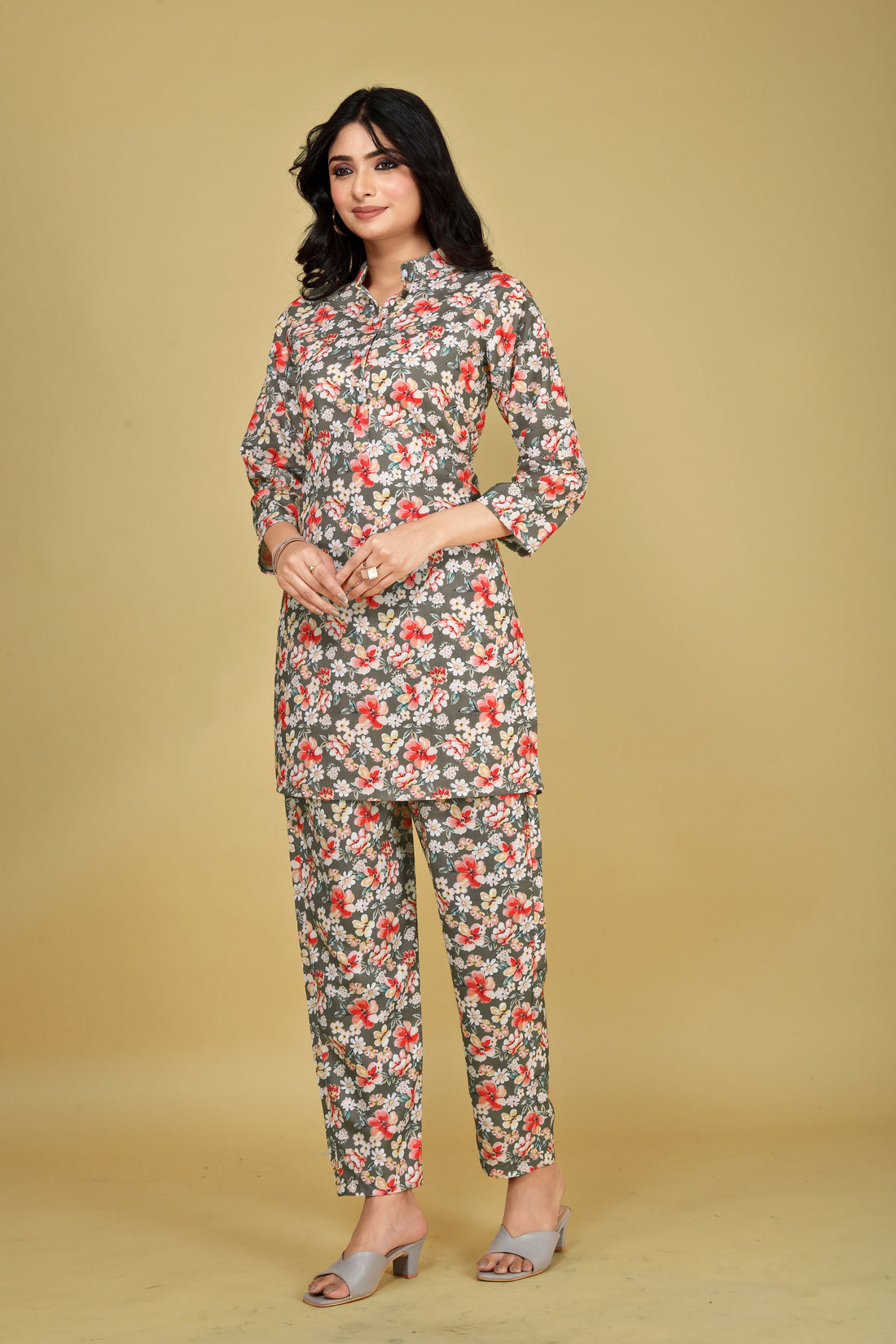 Women Beige Poly Linen Silk Printed Co-ord Set | Collar Round Neck | Casual Wear
