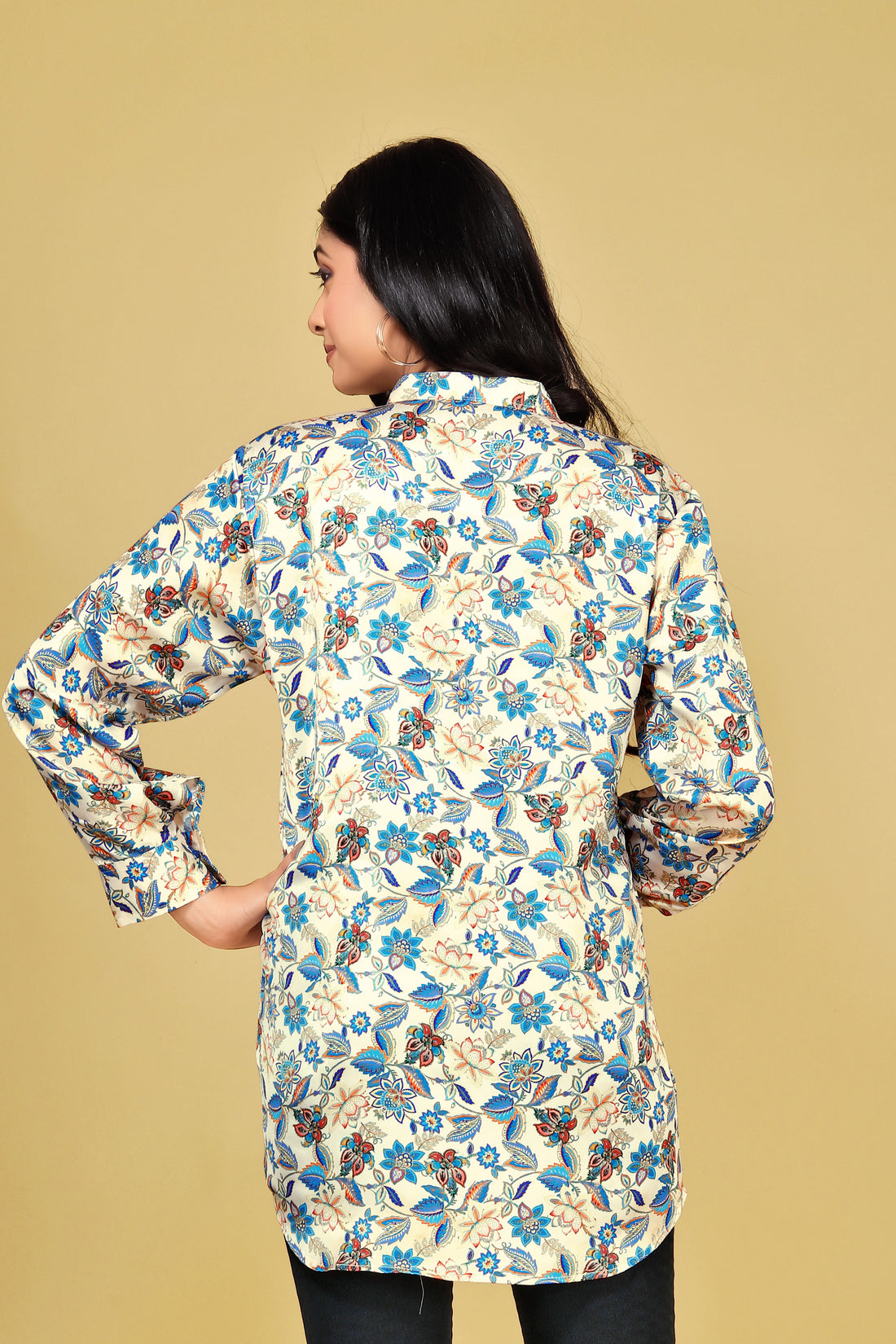 Women Cream Satin Silk Printed Western Shirt | Round Neck | Casual Wear