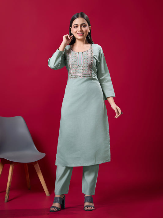 Women Mineral Blue Viscose Silk Blend Embroidered Kurta Pant Set | Sequins & Thread Zari Work | Festive Wear