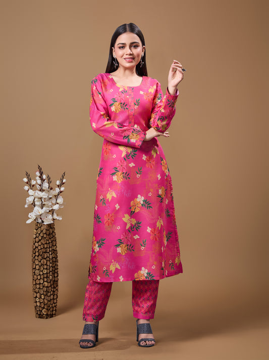 Women Pink Poly Muslin Silk Printed Kurta Pant Set | Digital Print | Casual Ethnic Wear