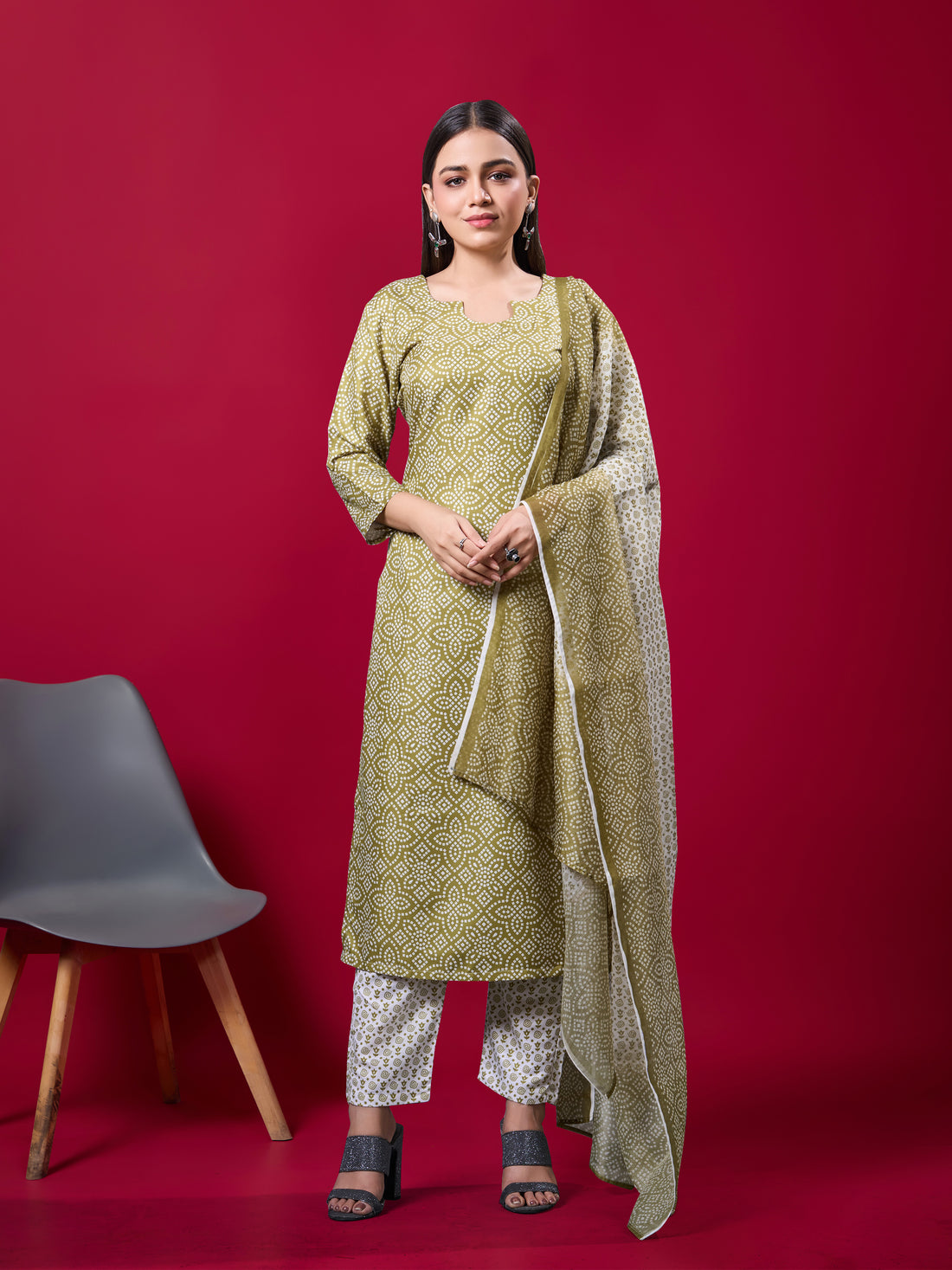 Women Mehendi Poly Rayon Silk Printed Kurta Pant Dupatta Set | Digital Print | Festive Wear