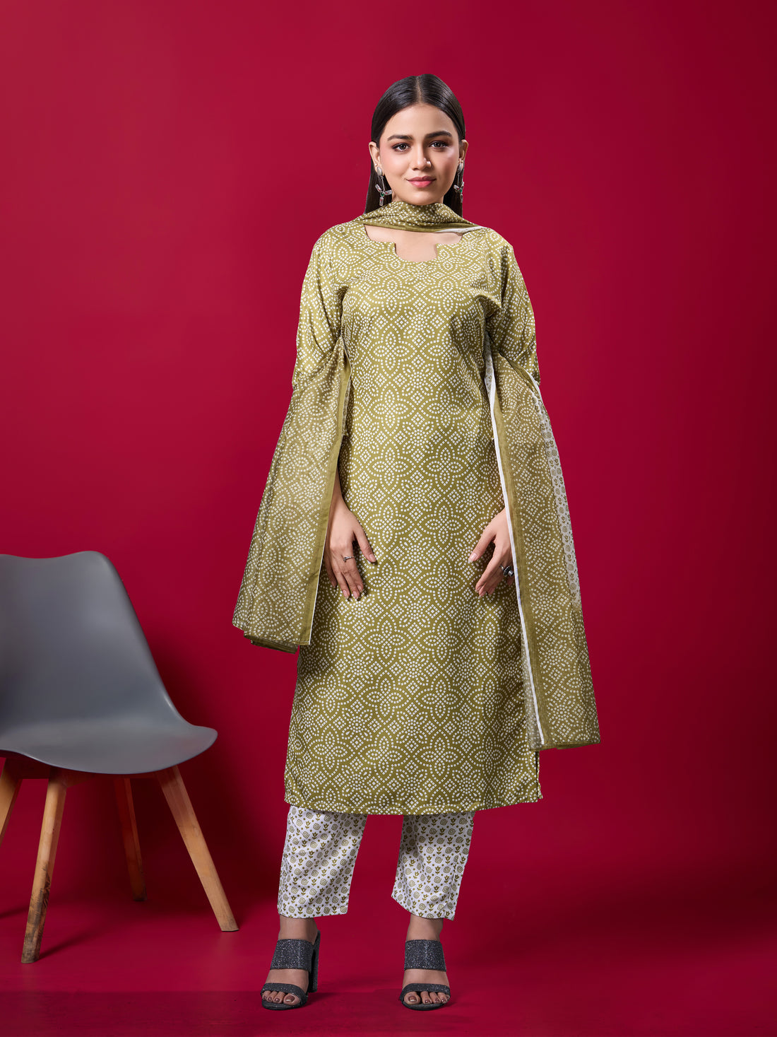 Women Mehendi Poly Rayon Silk Printed Kurta Pant Dupatta Set | Digital Print | Festive Wear