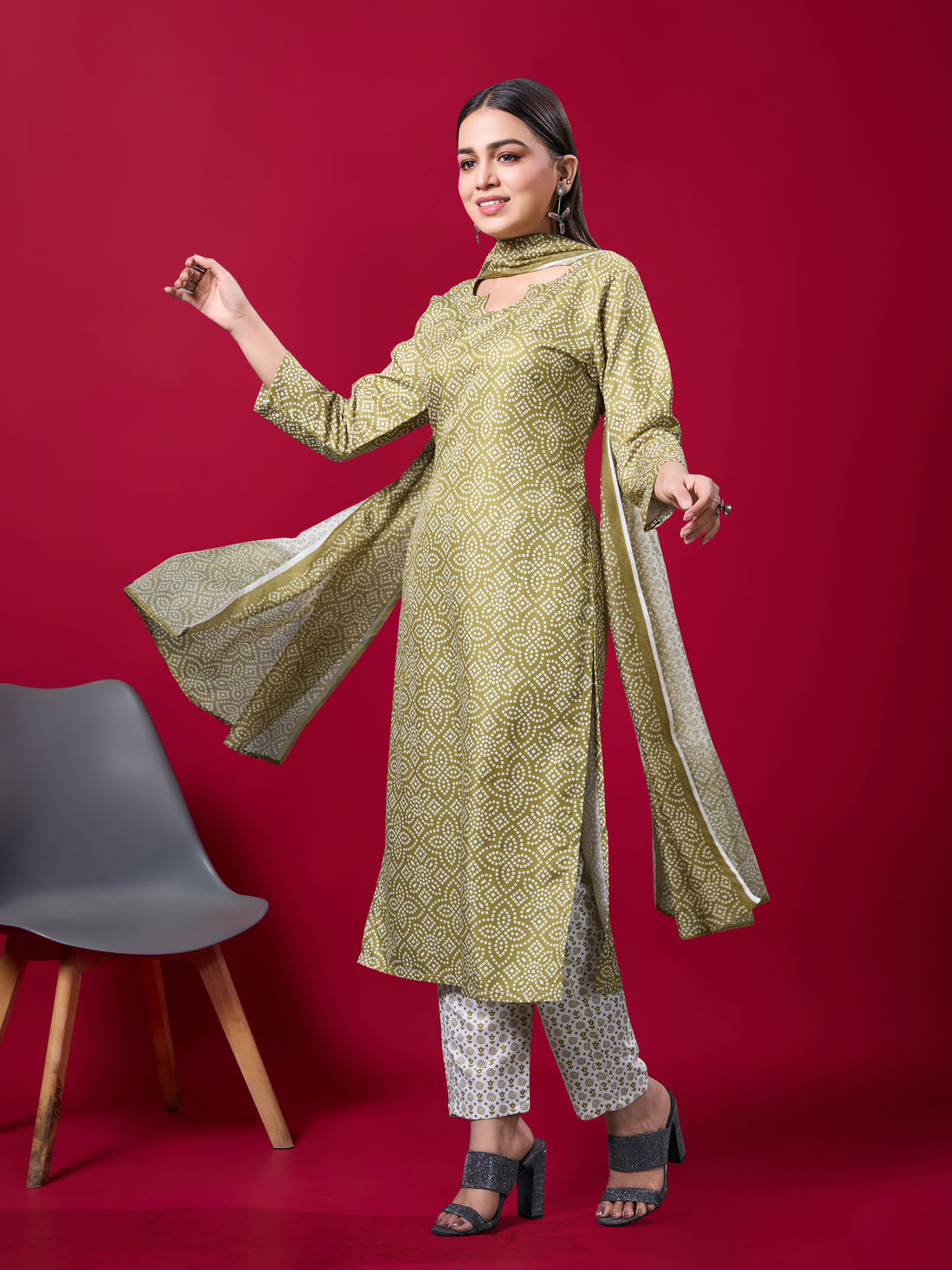 Women Mehendi Poly Rayon Silk Printed Kurta Pant Dupatta Set | Digital Print | Festive Wear