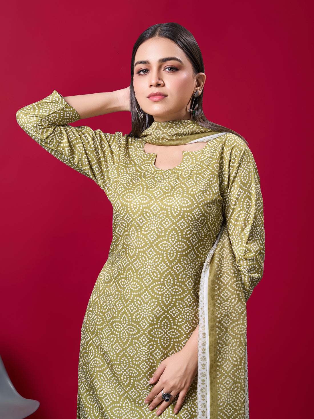 Women Mehendi Poly Rayon Silk Printed Kurta Pant Dupatta Set | Digital Print | Festive Wear