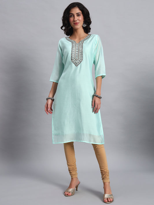 Women Sky Blue BSY Chinon Silk Printed Tunic Top | Fancy Neck | Casual Wear