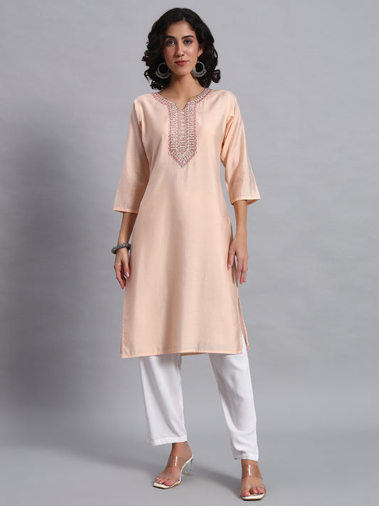 Women Peach BSY Chinon Silk Printed Tunic Top | Fancy Neck | Casual Wear