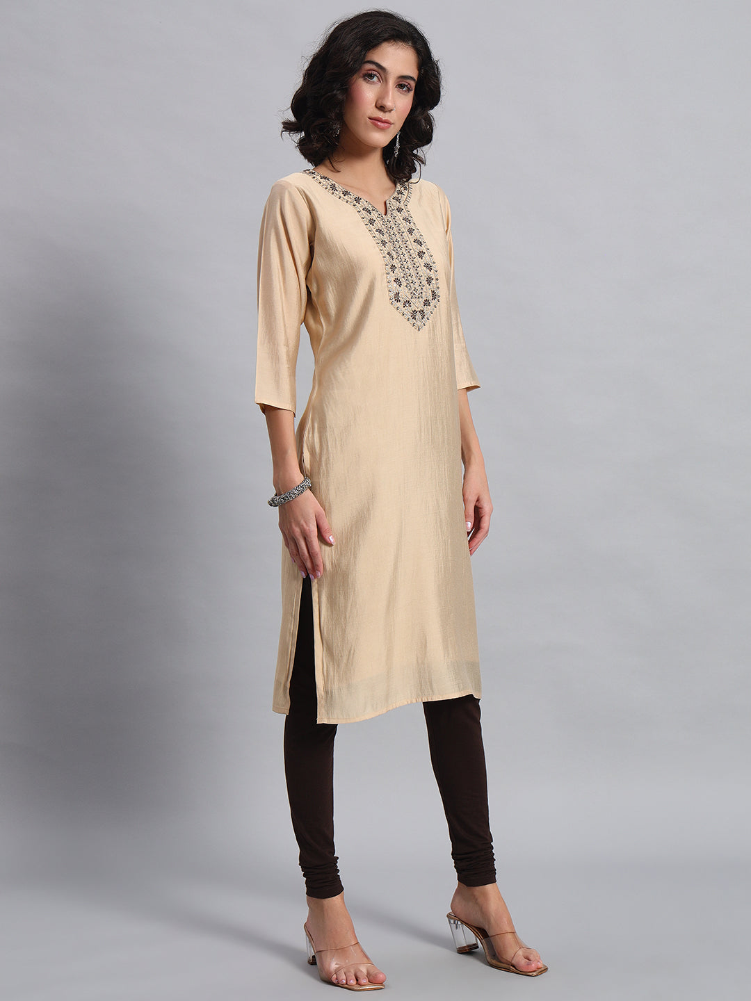 Women Beige BSY Chinon Silk Printed Tunic Top | Fancy Neck | Casual Wear