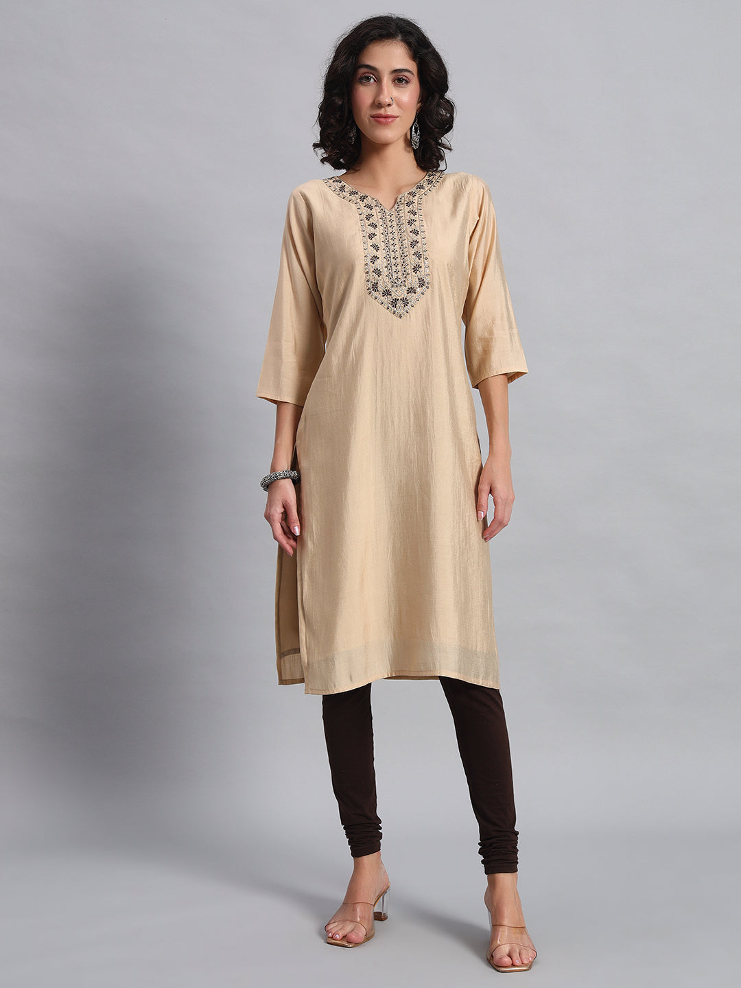 Women Beige BSY Chinon Silk Printed Tunic Top | Fancy Neck | Casual Wear