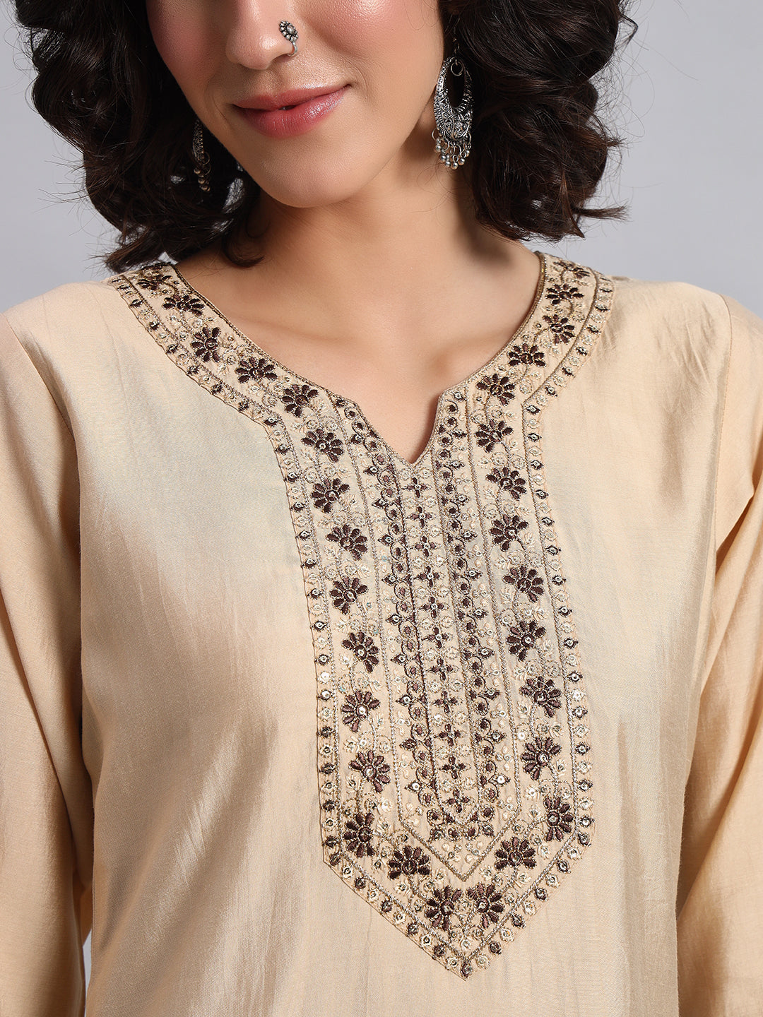 Women Beige BSY Chinon Silk Printed Tunic Top | Fancy Neck | Casual Wear