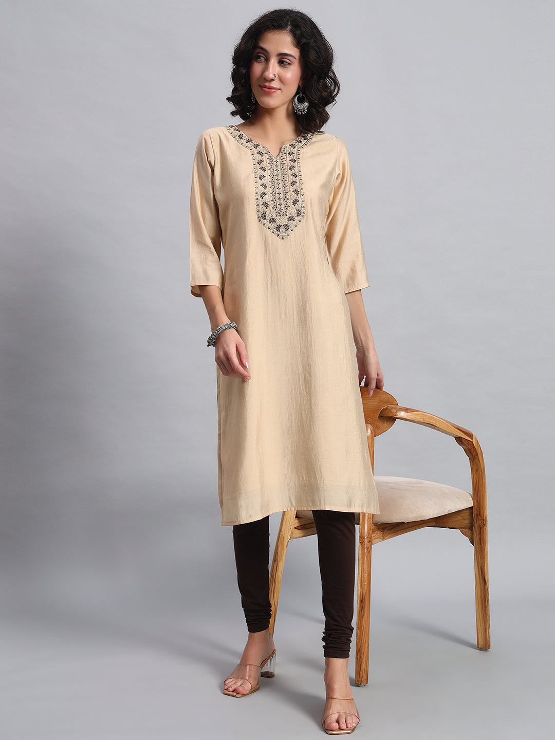 Women Beige BSY Chinon Silk Printed Tunic Top | Fancy Neck | Casual Wear