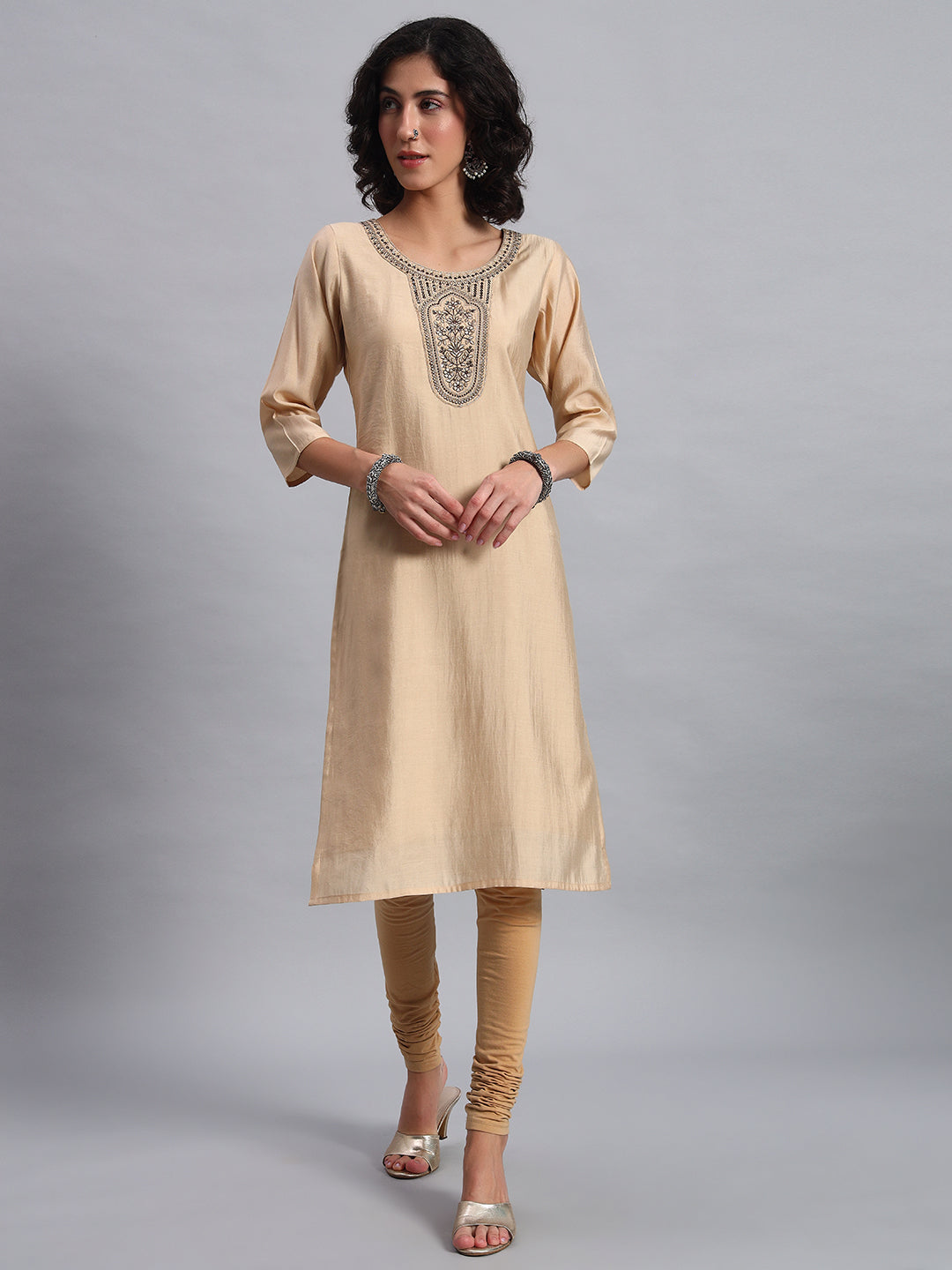 Women Beige BSY Chinon Silk Printed Tunic Top | Fancy Neck | Casual Wear