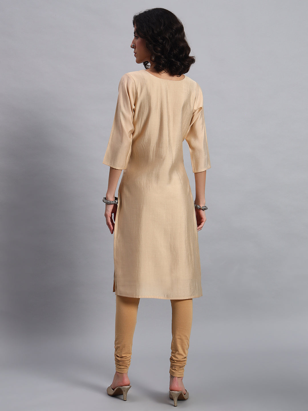 Women Beige BSY Chinon Silk Printed Tunic Top | Fancy Neck | Casual Wear