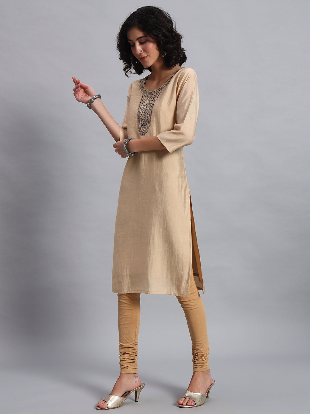 Women Beige BSY Chinon Silk Printed Tunic Top | Fancy Neck | Casual Wear