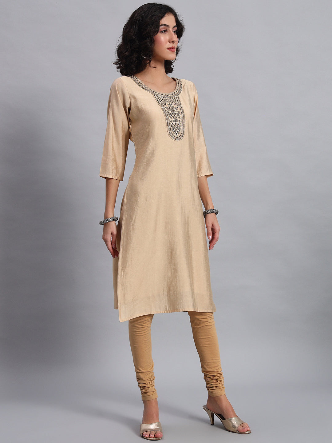 Women Beige BSY Chinon Silk Printed Tunic Top | Fancy Neck | Casual Wear