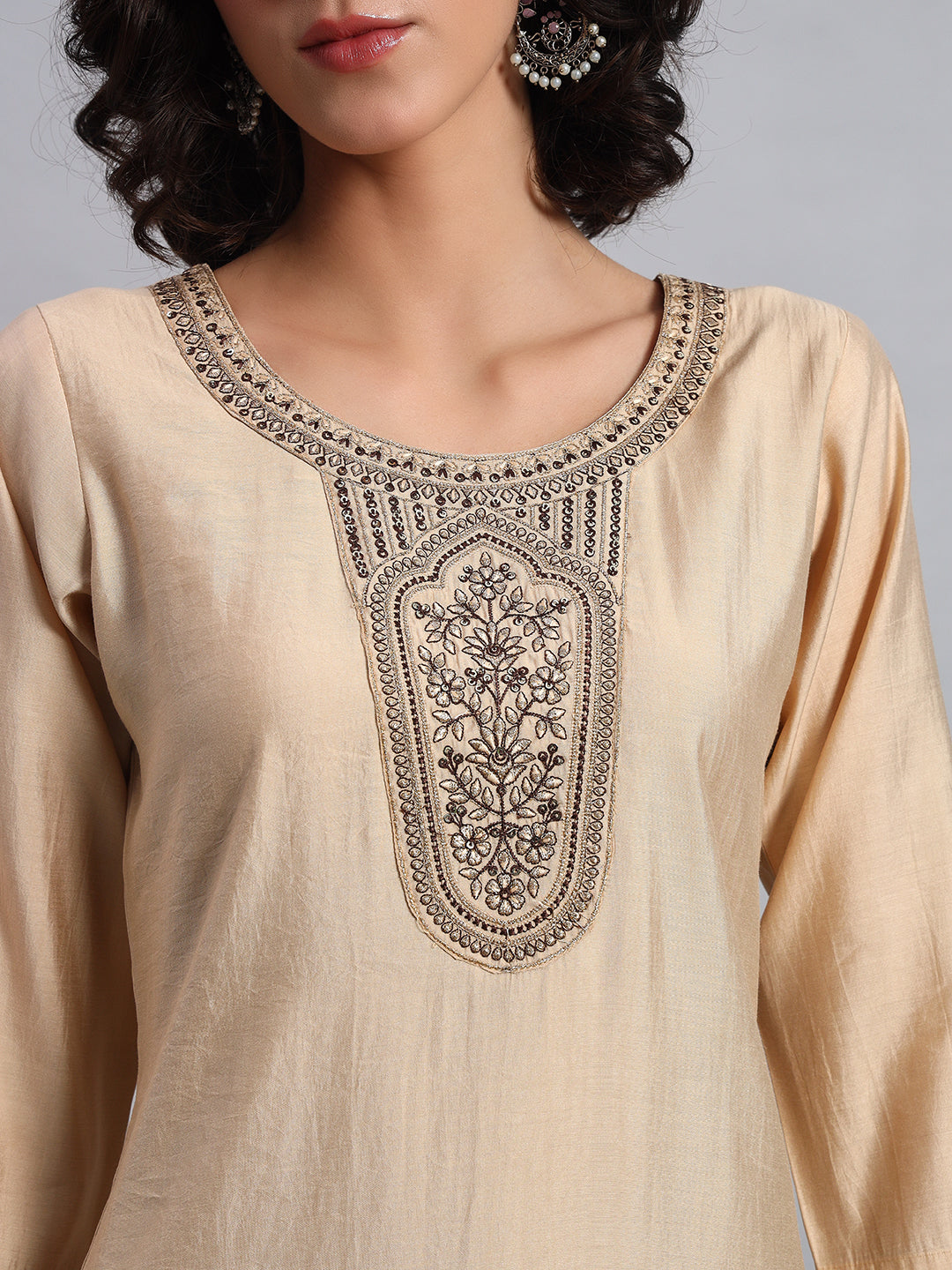 Women Beige BSY Chinon Silk Printed Tunic Top | Fancy Neck | Casual Wear