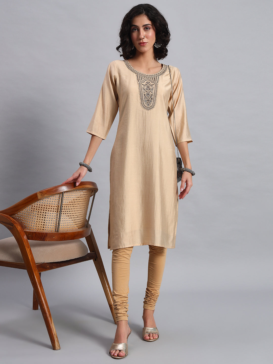 Women Beige BSY Chinon Silk Printed Tunic Top | Fancy Neck | Casual Wear