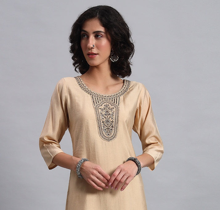 Women Beige BSY Chinon Silk Printed Tunic Top | Fancy Neck | Casual Wear