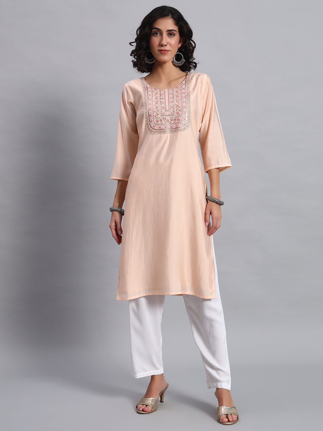 Women Peach BSY Chinon Silk Printed Tunic Top | Fancy Neck | Casual Wear