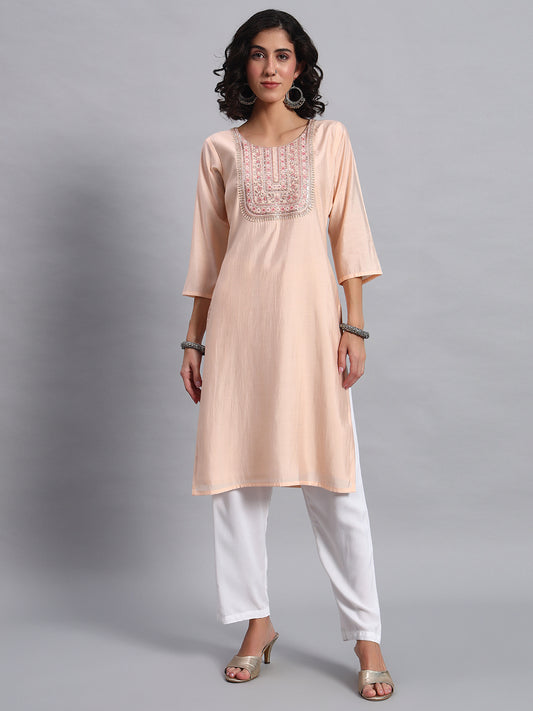 Women Peach BSY Chinon Silk Printed Tunic Top | Fancy Neck | Casual Wear