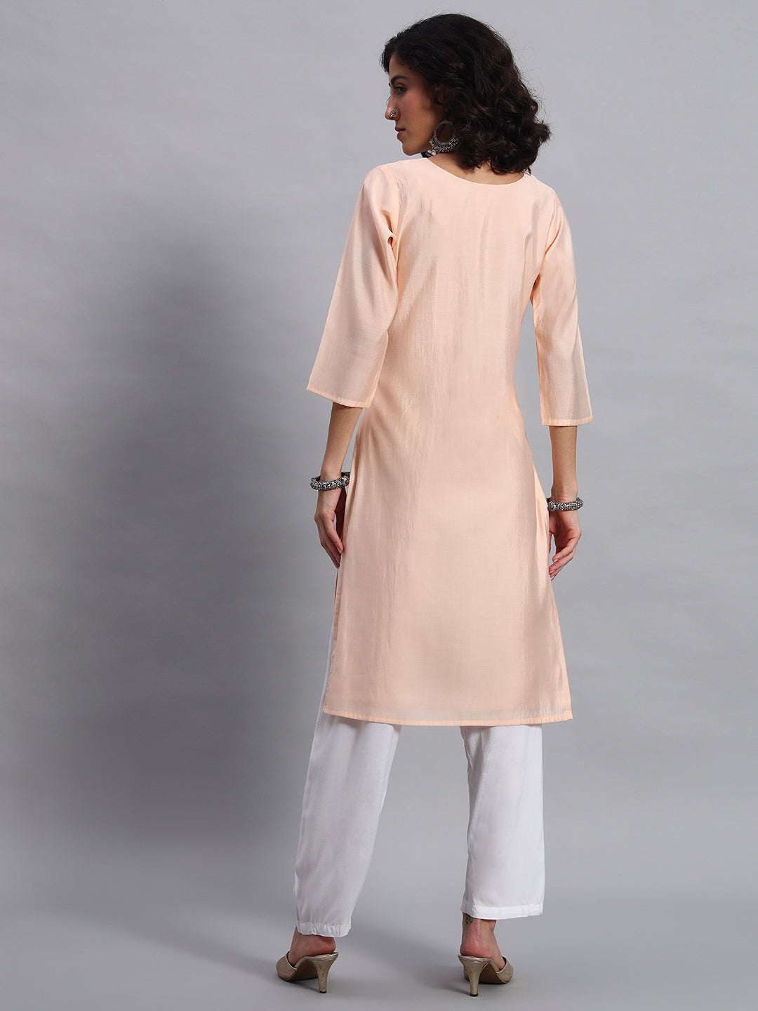 Women Peach BSY Chinon Silk Printed Tunic Top | Fancy Neck | Casual Wear