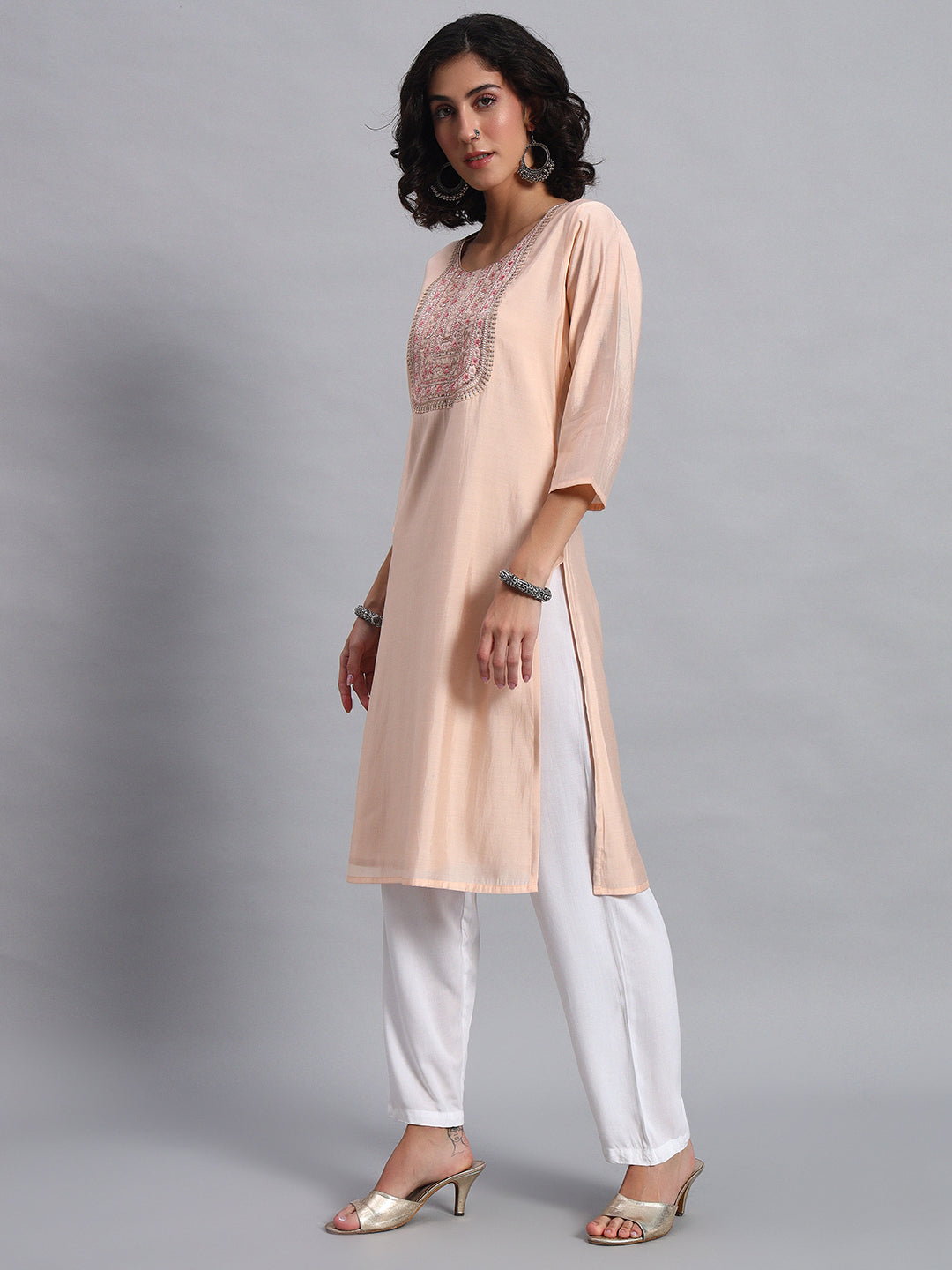 Women Peach BSY Chinon Silk Printed Tunic Top | Fancy Neck | Casual Wear