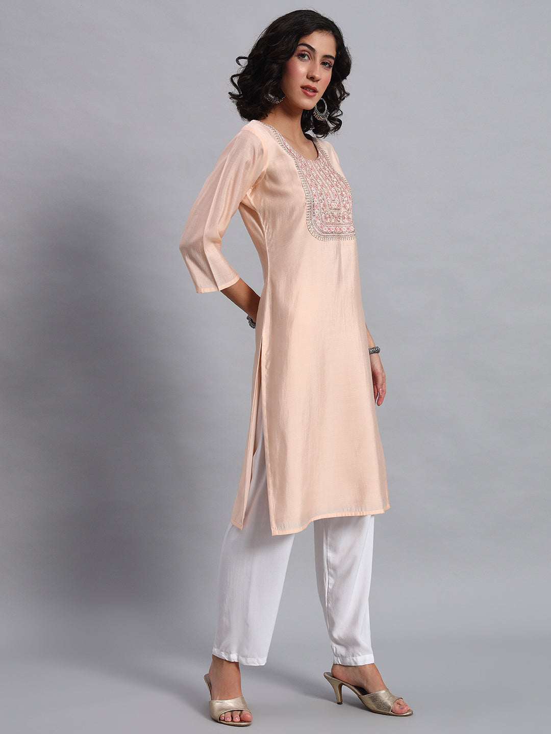 Women Peach BSY Chinon Silk Printed Tunic Top | Fancy Neck | Casual Wear