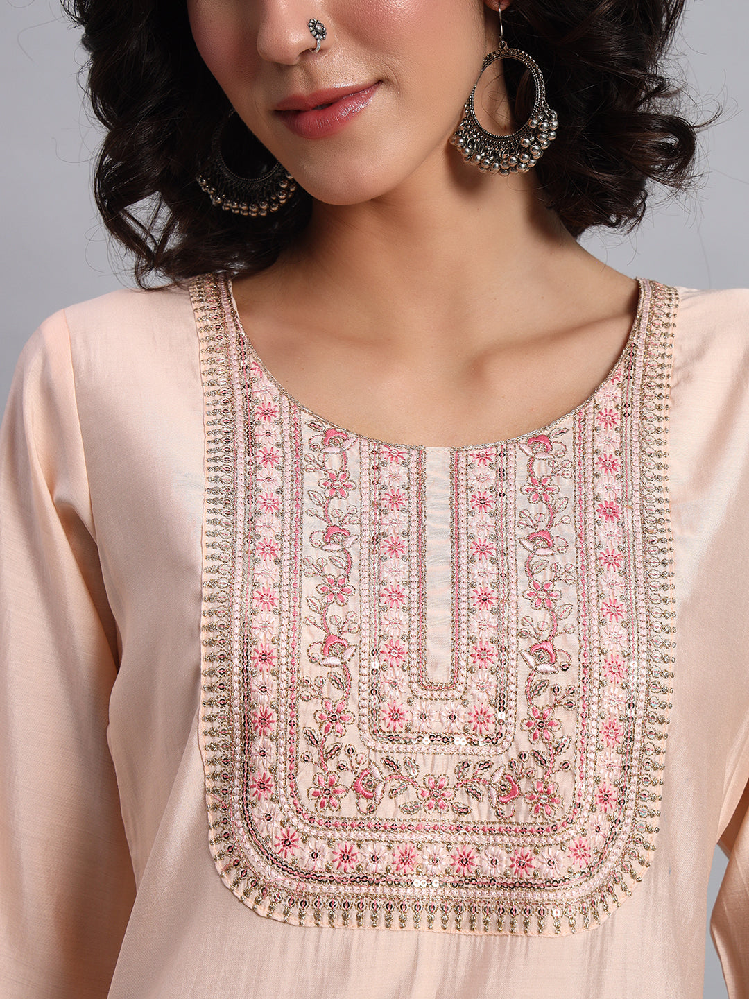 Women Peach BSY Chinon Silk Printed Tunic Top | Fancy Neck | Casual Wear