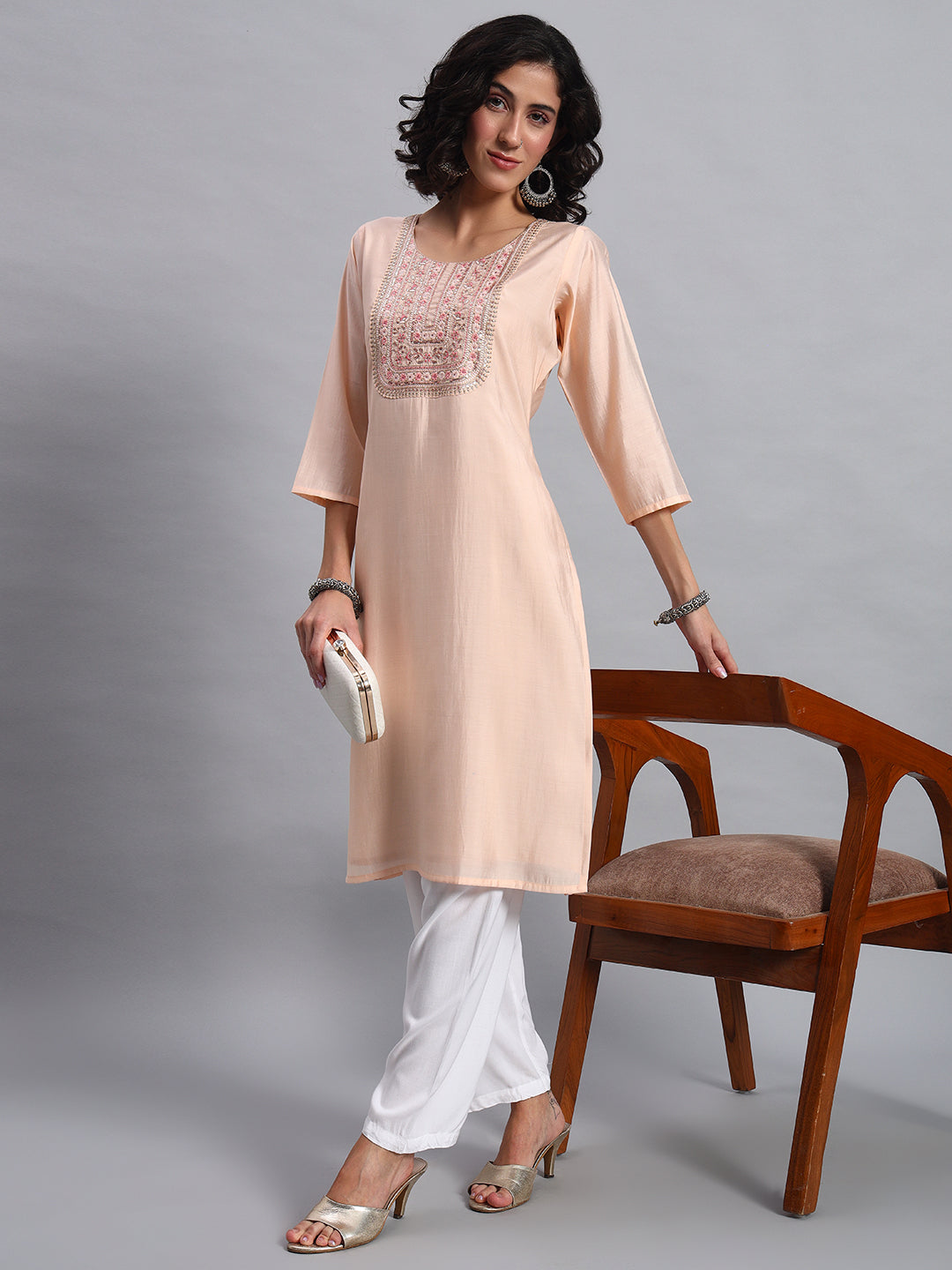 Women Peach BSY Chinon Silk Printed Tunic Top | Fancy Neck | Casual Wear