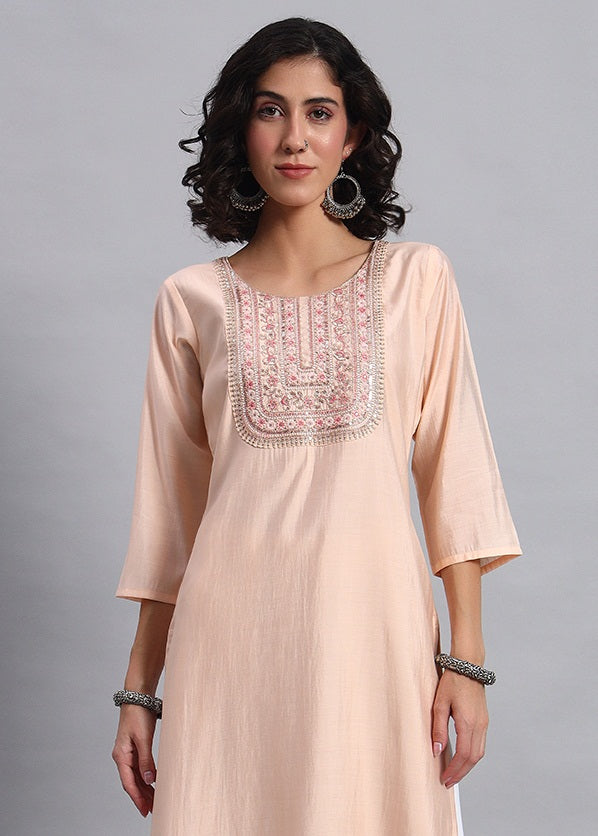 Women Peach BSY Chinon Silk Printed Tunic Top | Fancy Neck | Casual Wear